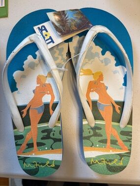 Scott Hawaii Teal White Orange Graphic Flip Flops